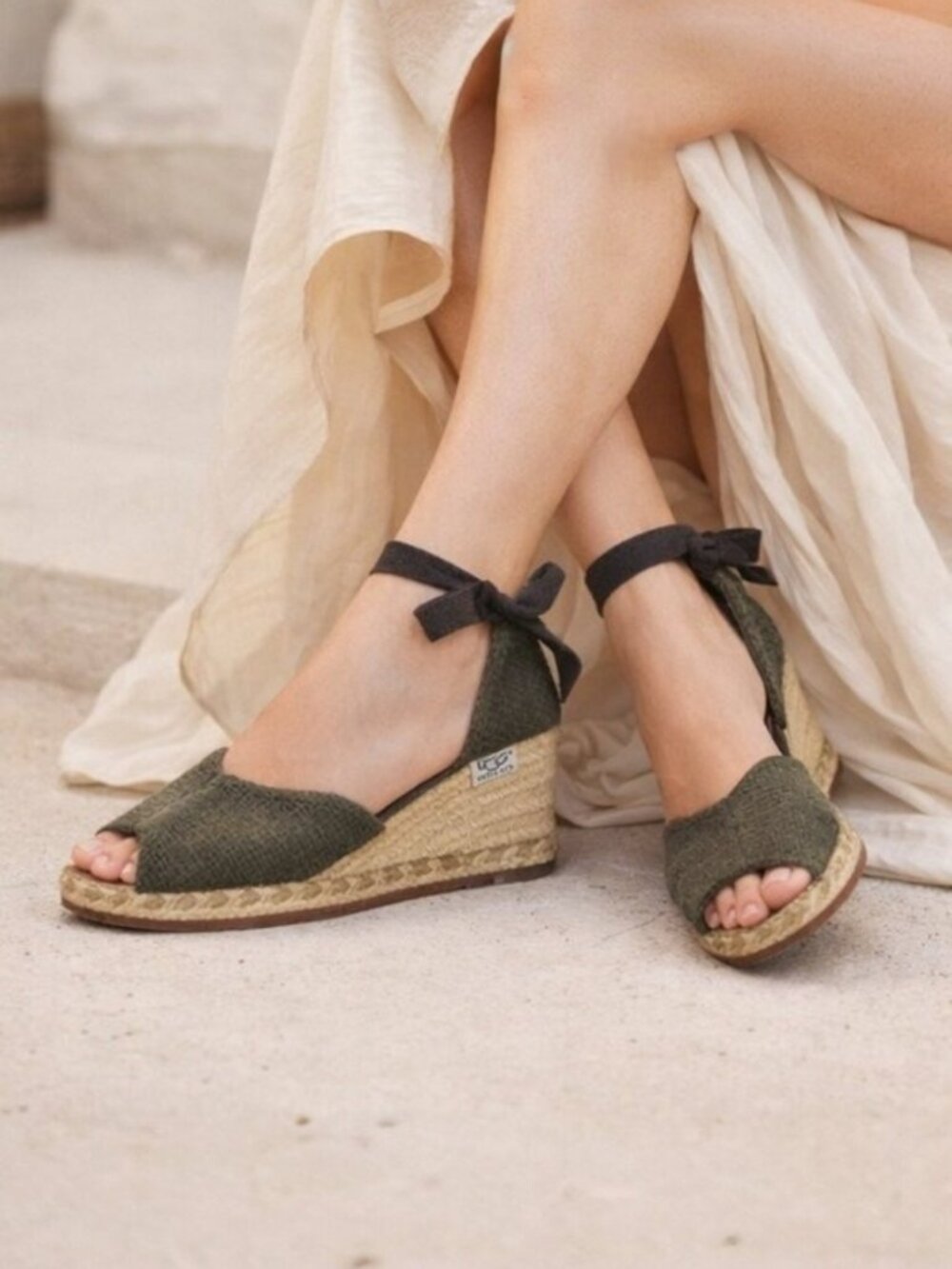 UGG Olive Green Espadrille Wedge Sandals with Ankle Tie
